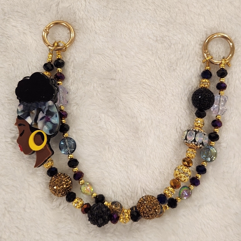 Colorful Beaded Bag Chain with African American Woman Pendant Bag Charm